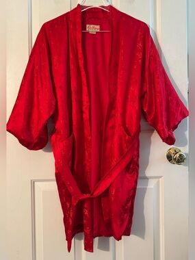 VINTAGE 80’s 90’s 100% Silk Red Jacquard Kimono Robe Belted Hong Kong Loungewear